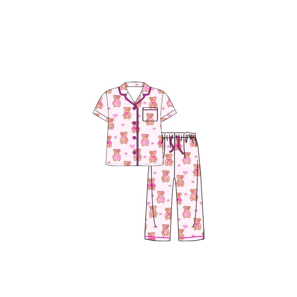 MOQ 5 PCS Preorder GSPO2233 Valentines Day Bear Love Pink Buttons Short Sleeve Pants Girls Pajama Set 202511
