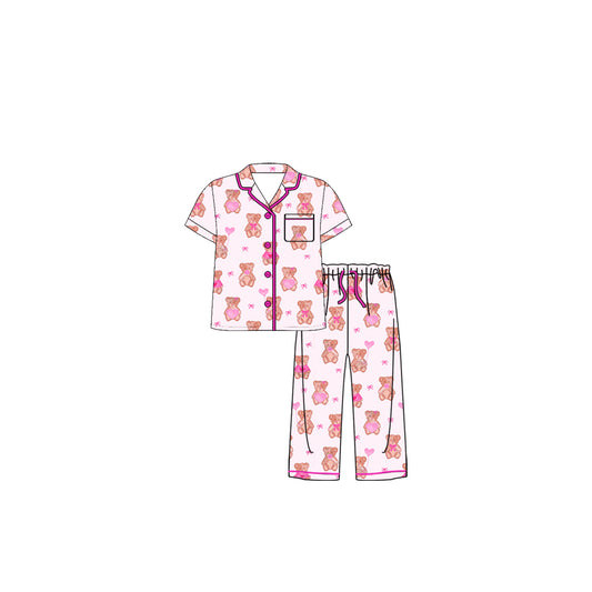 MOQ 5 PCS Preorder GSPO2233 Valentines Day Bear Love Pink Buttons Short Sleeve Pants Girls Pajama Set 202511