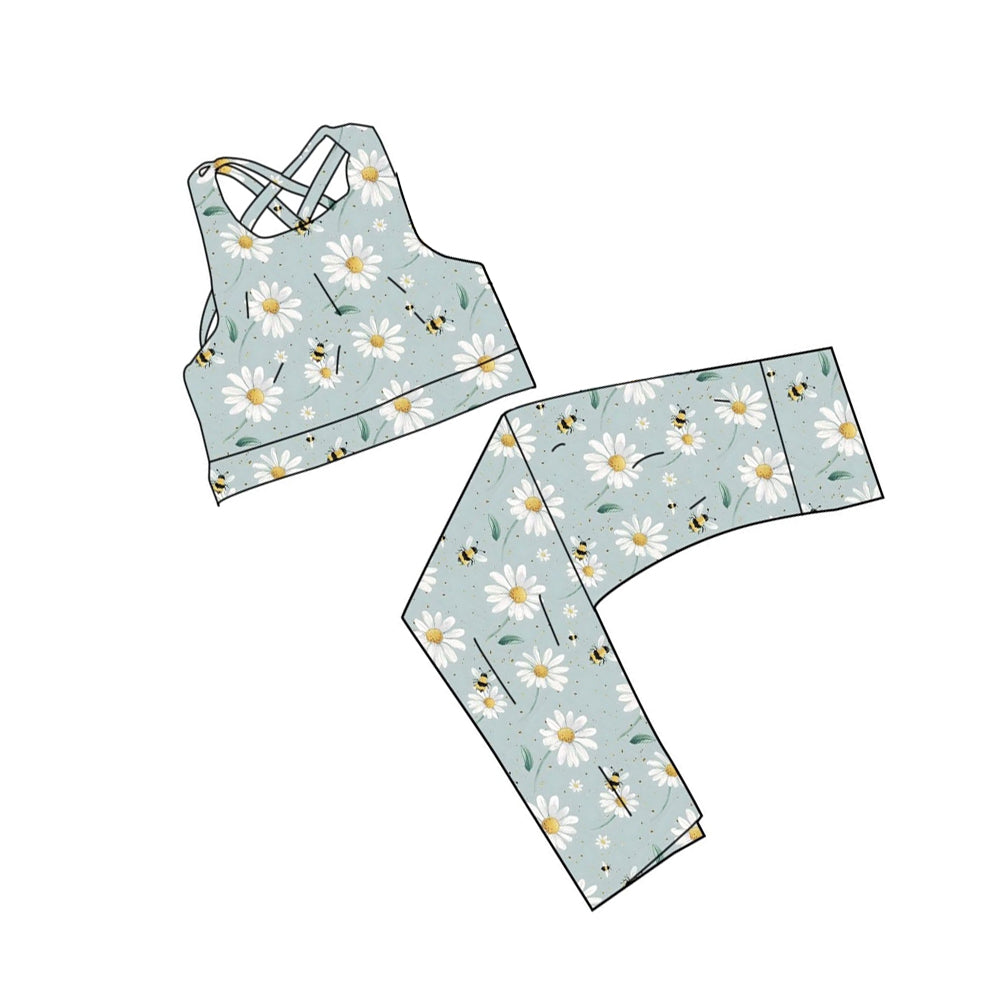 MOQ 5 PCS preorder GSPO2238 Flower Bee Light Blue Green Halter Pants Girls Yoga Sets 202512