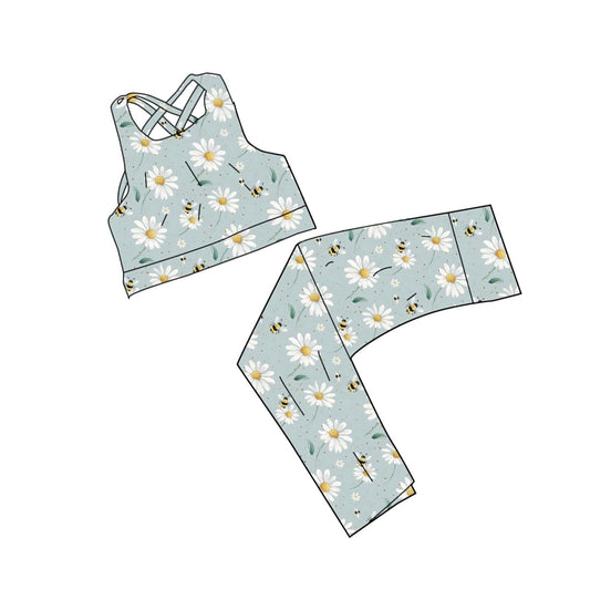 MOQ 5 PCS preorder GSPO2238 Flower Bee Light Blue Green Halter Pants Girls Yoga Sets 202512