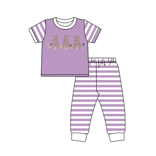MOQ 5 PCS Preorder GSPO2240 Easter Bunny Purple Stripe Short Sleeve Pants Girls Sets 202512
