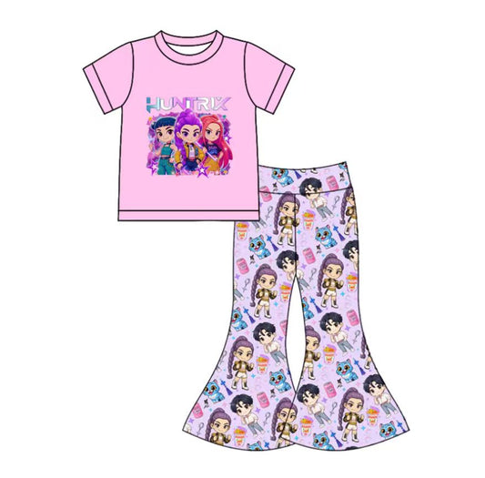 MOQ 5 PCS Preorder GSPO2241 K-POP Purple Short Sleeve Bell Bottom Pants Girls Sets 202512
