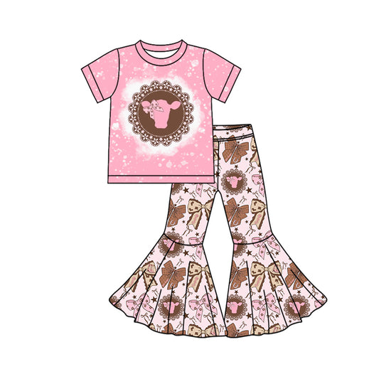 MOQ 5 PCS Preorder GSPO2243 Highland Cow Bows Pink Short Sleeve Bell Bottom Pants Girls Sets 202512