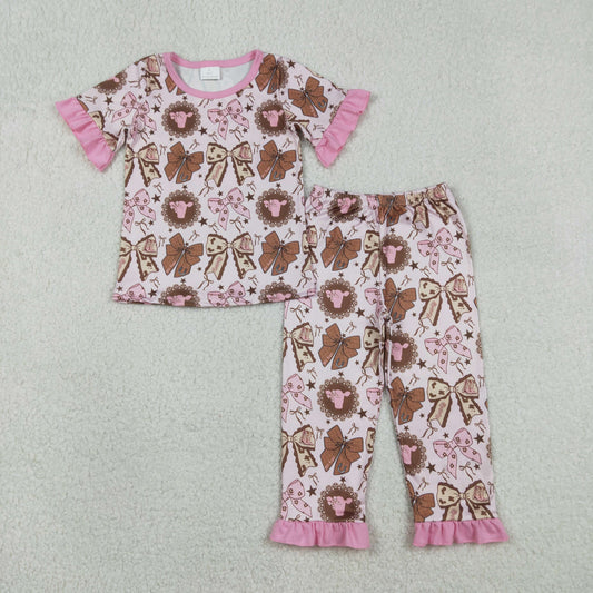 GSPO2244 Bows Pink Ruffle Short Sleeve Pants Girls Pajama Set 202512 RTS