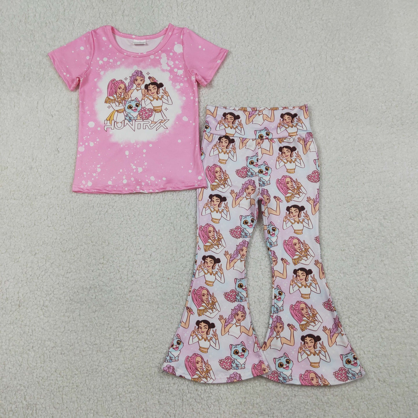 GSPO2247 K-POP Pink Short Sleeve Bell Bottom Pants Girls Sets 202601 RTS