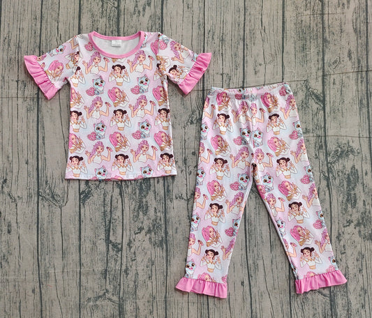 NO MOQ Preorder GSPO2248 K-POP Love Disco Pink Ruffle Short Sleeve Pants Girls Pajama Set 202512