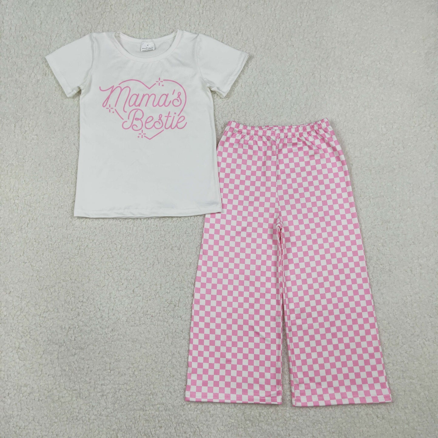 GSPO2249 MAMA'S BESTIE White Short Sleeve Pink Plaid Pants Girls Sets 20260119 RTS