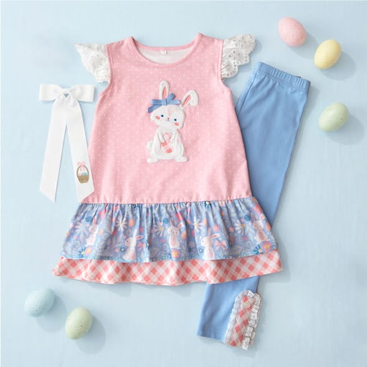 MOQ 5 PCS Preorder GSPO2251 Easter Bunny Flower Pink Blue Lace Ruffle Flying Sleeve Pants Girls Sets 202512