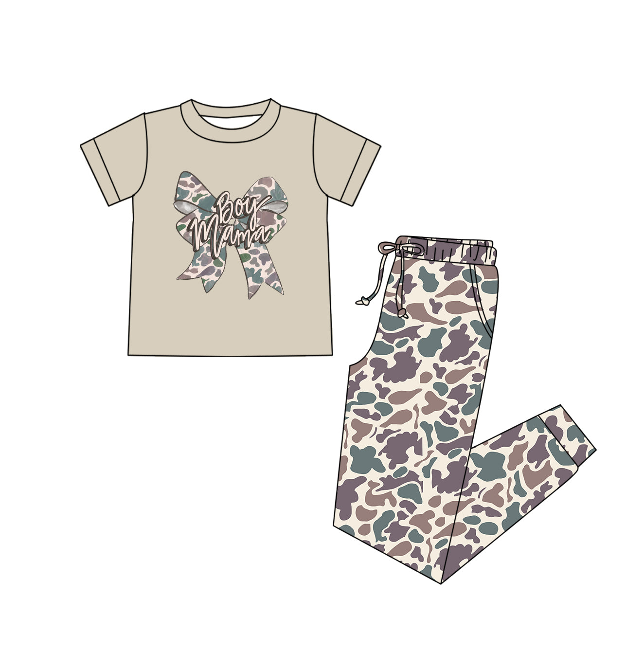MOQ 5 PCS preorder GSPO2254 Adult Female BOY MAMA Letter Camouflage Bow Short Sleeve Pants Sets 202512