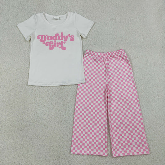 GSPO2257 DADDY‘S GIRL White Short Sleeve Pink Plaid Pants Girls Sets 202601 RTS