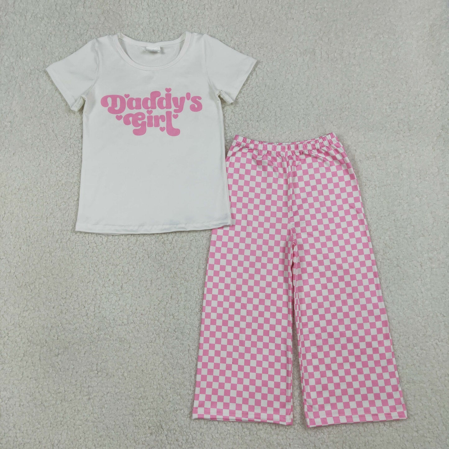 GSPO2257 DADDY‘S GIRL White Short Sleeve Pink Plaid Pants Girls Sets 202601 RTS