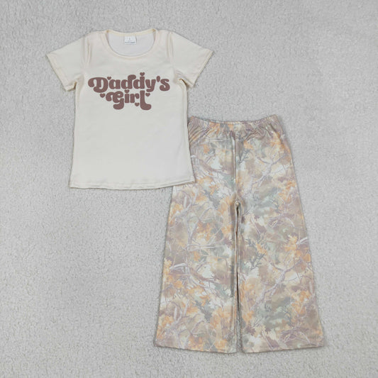 GSPO2258 DADDY‘S GIRL Beige Short Sleeve Leaf Pattern Pants Girls Sets 202601 RTS