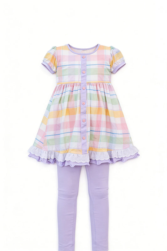 MOQ 5 PCS Preorder GSPO2262 Colored Plaid Lace Ruffle Short Sleeve Purple Pants Girls Sets 202512