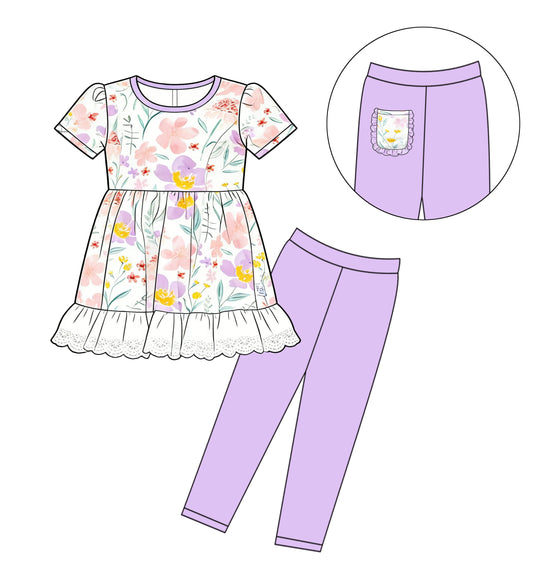 MOQ 5 PCS Preorder GSPO2263 Flower Leaf Lace Ruffle Short Sleeve Purple Pants Girls Sets 202512