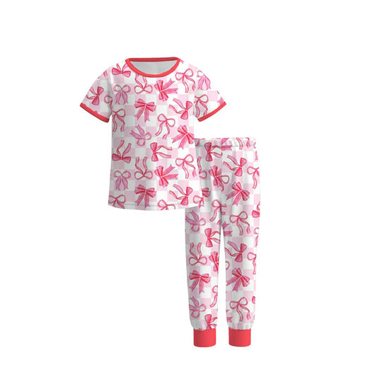 MOQ 5 PCS Preorder GSPO2269 Pink Bows Plaid Short Sleeve Pants Girls Pajama Set 202512