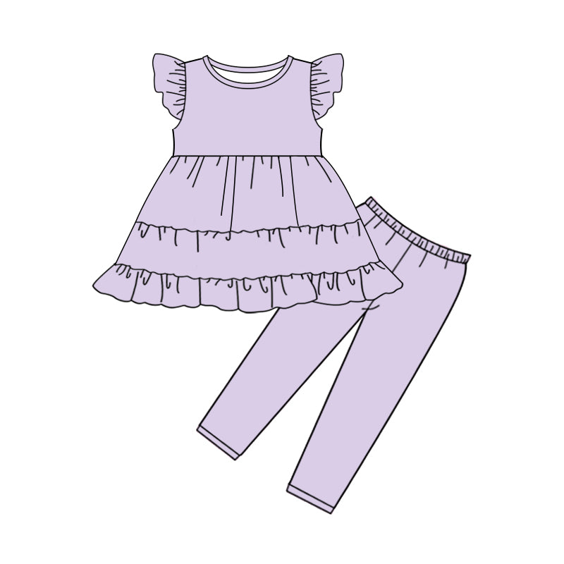 MOQ 5 PCS Preorder GSPO2278 Solid Purple Ruffle Flying Sleeve Pants Girls Sets 202512