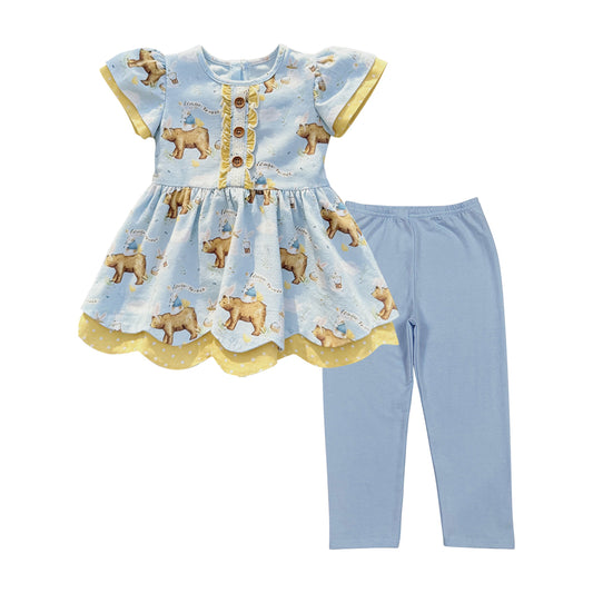 MOQ 5 PCS Preorder GSPO2281 Bear Rabbit Yellow Blue Ruffle Short Sleeve Pants Girls Sets 202601