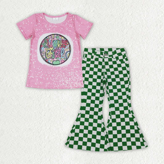 GSPO2288 St Patrick's Day Four-Leaf Clover Pink Short Sleeve Green Plaid Denim Bell Bottom Pants Girls Sets 202601 RTS