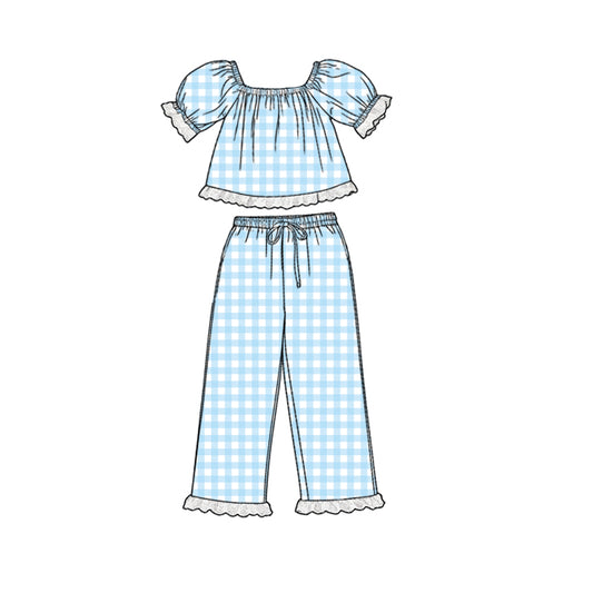 MOQ 5 PCS Preorder GSPO2289 White Lace Ruffle Blue Plaid Short Sleeve Pants Girls Sets 202602