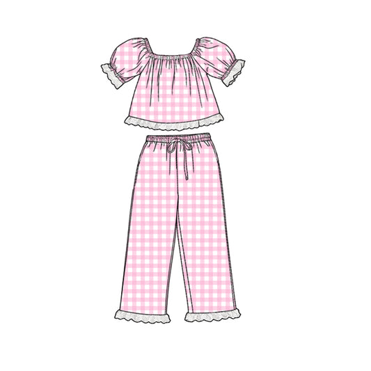 MOQ 5 PCS Preorder GSPO2290 White Lace Ruffle Pink Plaid Short Sleeve Pants Girls Sets 202602