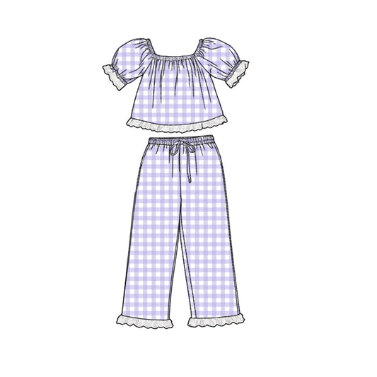 MOQ 5 PCS Preorder GSPO2291 White Lace Ruffle Purple Plaid Short Sleeve Pants Girls Sets 202602