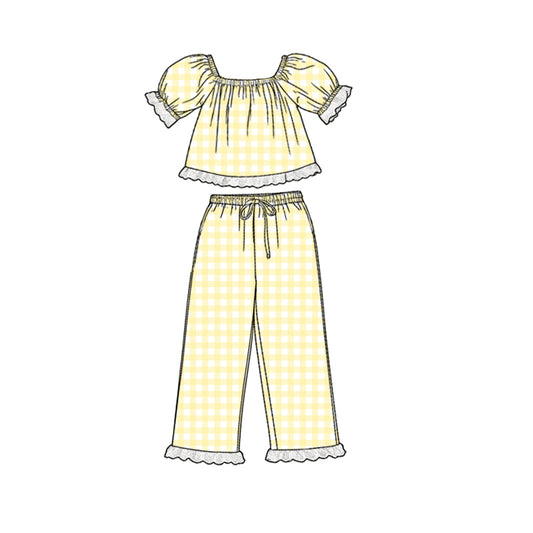 MOQ 5 PCS Preorder GSPO2292 White Lace Ruffle Yellow Plaid Short Sleeve Pants Girls Sets 202602