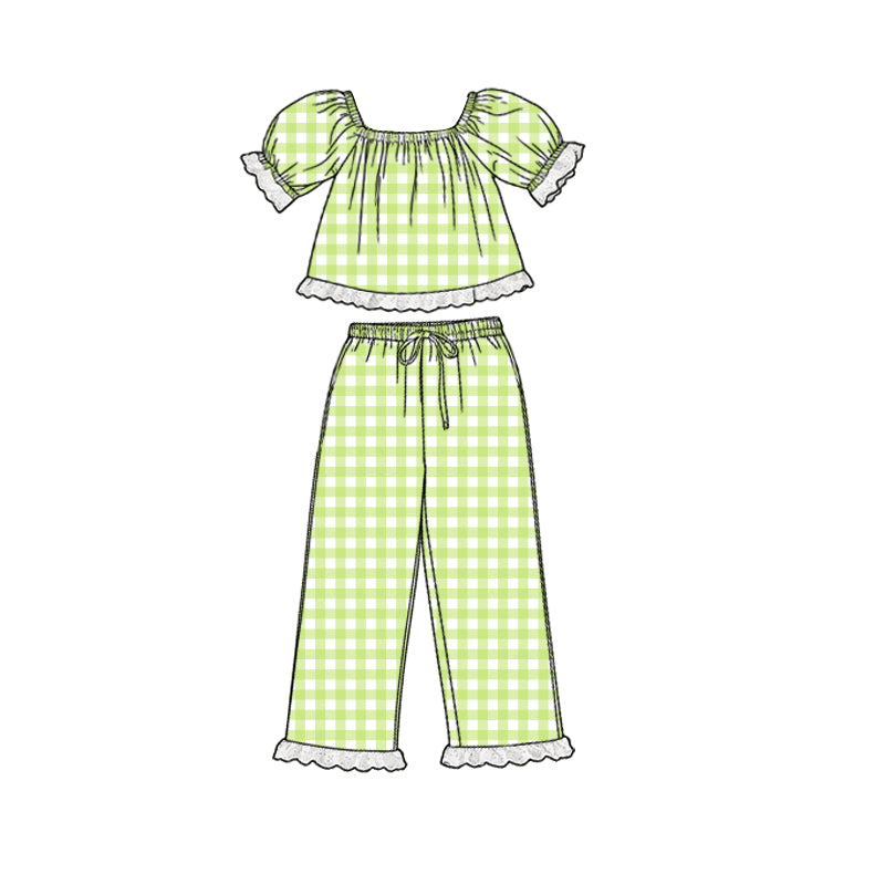 MOQ 5 PCS Preorder GSPO2293 White Lace Ruffle Green Plaid Short Sleeve Pants Girls Sets 202602
