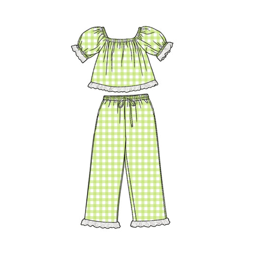 MOQ 5 PCS Preorder GSPO2293 White Lace Ruffle Green Plaid Short Sleeve Pants Girls Sets 202602