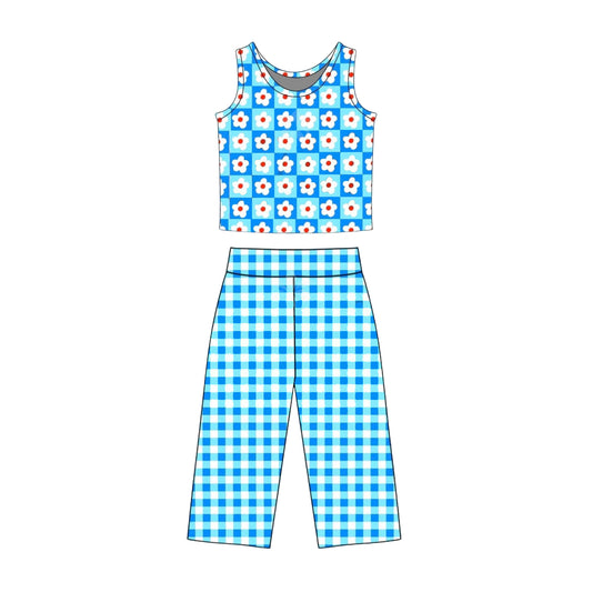 MOQ 5 PCS Preorder GSPO2295 Flower Plaid Blue Sleeveless Pants Girls Sets 202603