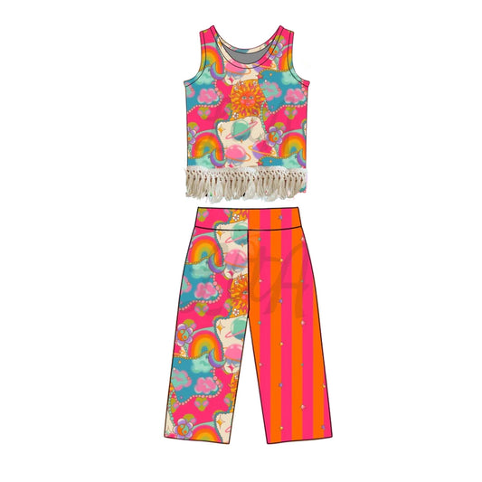 MOQ 5 PCS Preorder GSPO2296 Sun, Cosmic Flower Lace Ruffle Sleeveless Pants Girls Sets 202603
