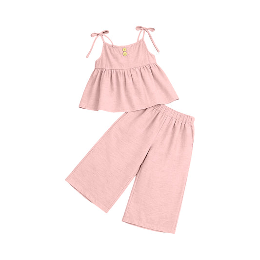 MOQ 5 PCS Preorder GSPO2302 Solid Pink Halter Casual Pants Girls Sets 202603