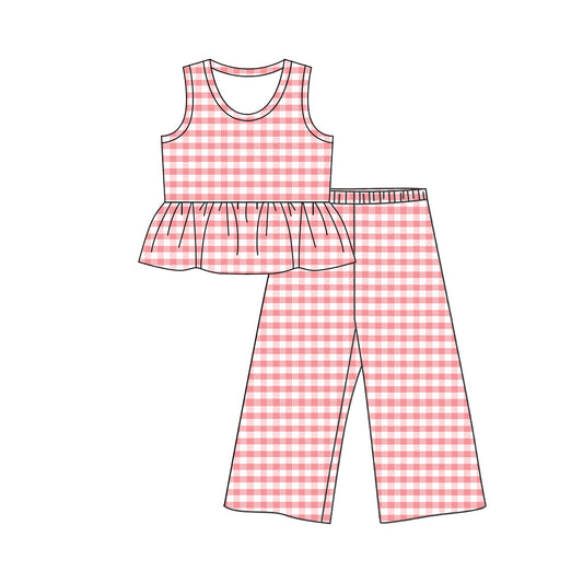 MOQ 5 PCS Preorder GSPO2306 Pink Plaid Ruffle Sleeveless Casual Pants Girls Sets 202603