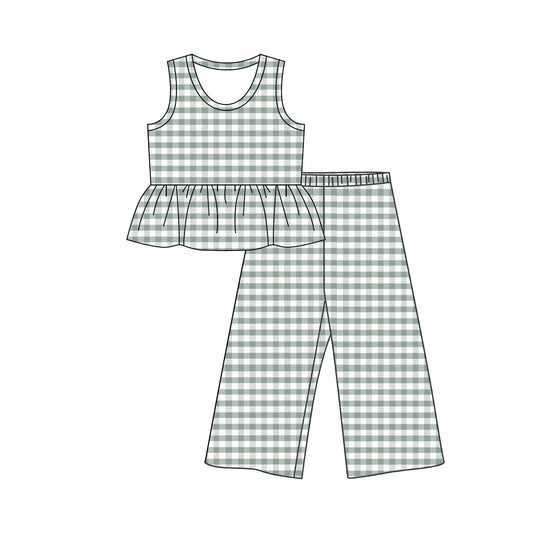MOQ 5 PCS Preorder GSPO2307 Green Plaid Ruffle Sleeveless Casual Pants Girls Sets 202603