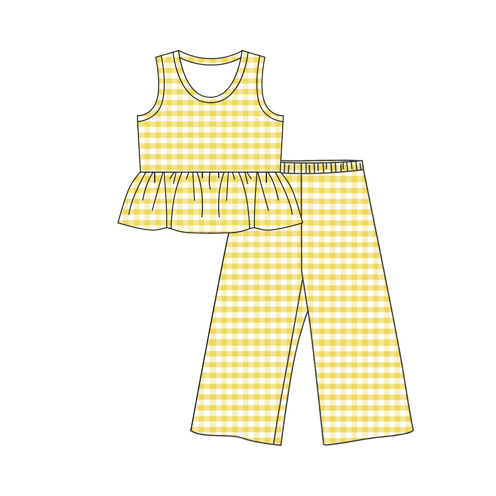 MOQ 5 PCS Preorder GSPO2309 Yellow Plaid Ruffle Sleeveless Casual Pants Girls Sets 202603