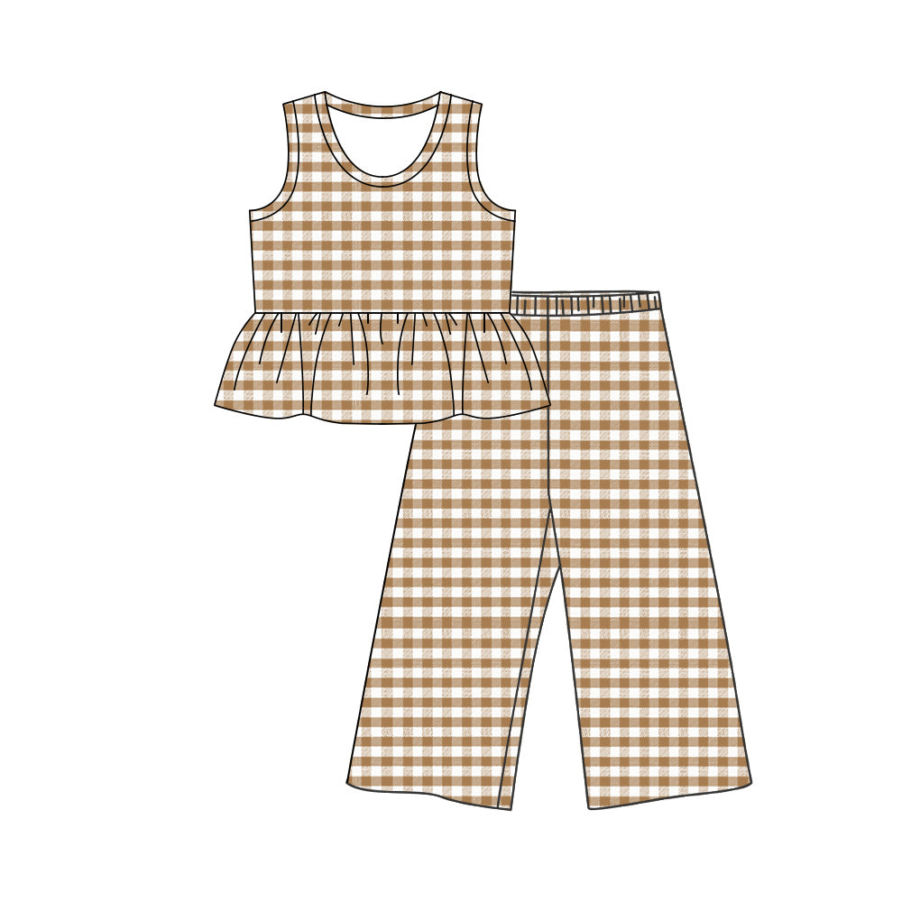 MOQ 5 PCS Preorder GSPO2310 Brown Plaid Ruffle Sleeveless Casual Pants Girls Sets 202603
