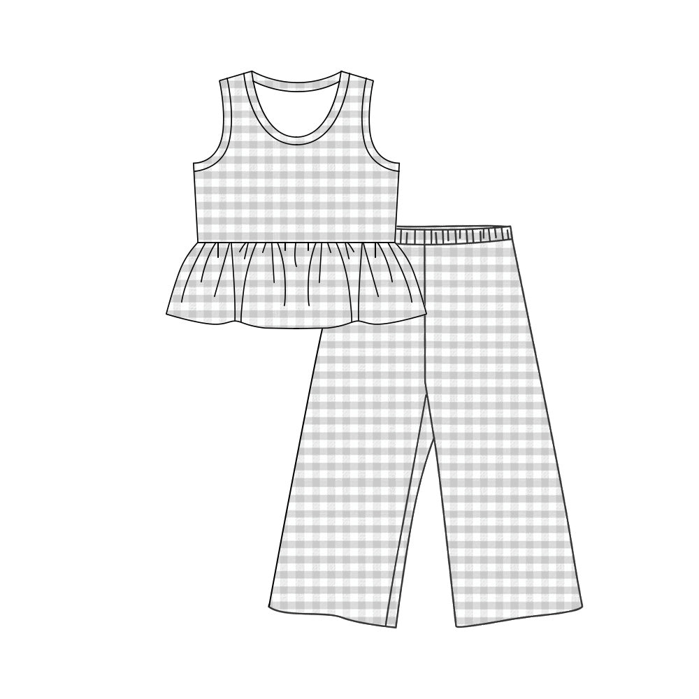 MOQ 5 PCS Preorder GSPO2311 Gray Plaid Ruffle Sleeveless Casual Pants Girls Sets 202603