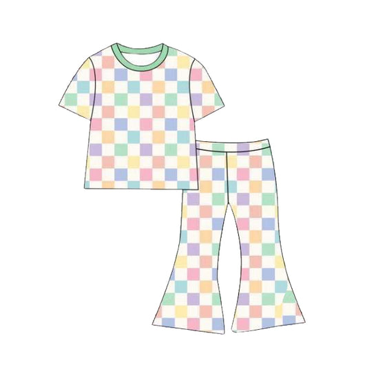 MOQ 5 PCS Preorder GSPO2312 Colored Plaid Short Sleeve Bell Bottom Pants Girls Sets 202603