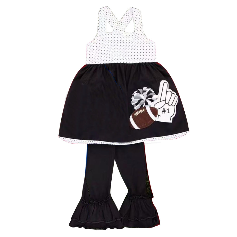 MOQ 5 PCS Preorder GSPO2319 GO TEAM Football Dots Sleeveless Black Pants Girls Sets 202604