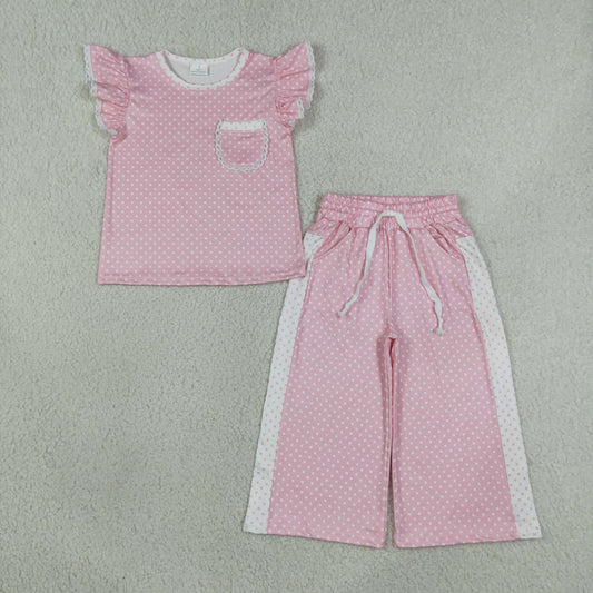GSPO2330 Sibling Sweet Girls Dots Lace Ruffle Pink Fly Sleeve Pants Girls Sets 202607 RTS