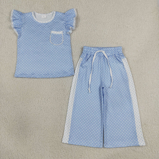 GSPO2331 Sibling Sweet Girls Dots Lace Ruffle Blue Fly Sleeve Pants Girls Sets 202607 RTS