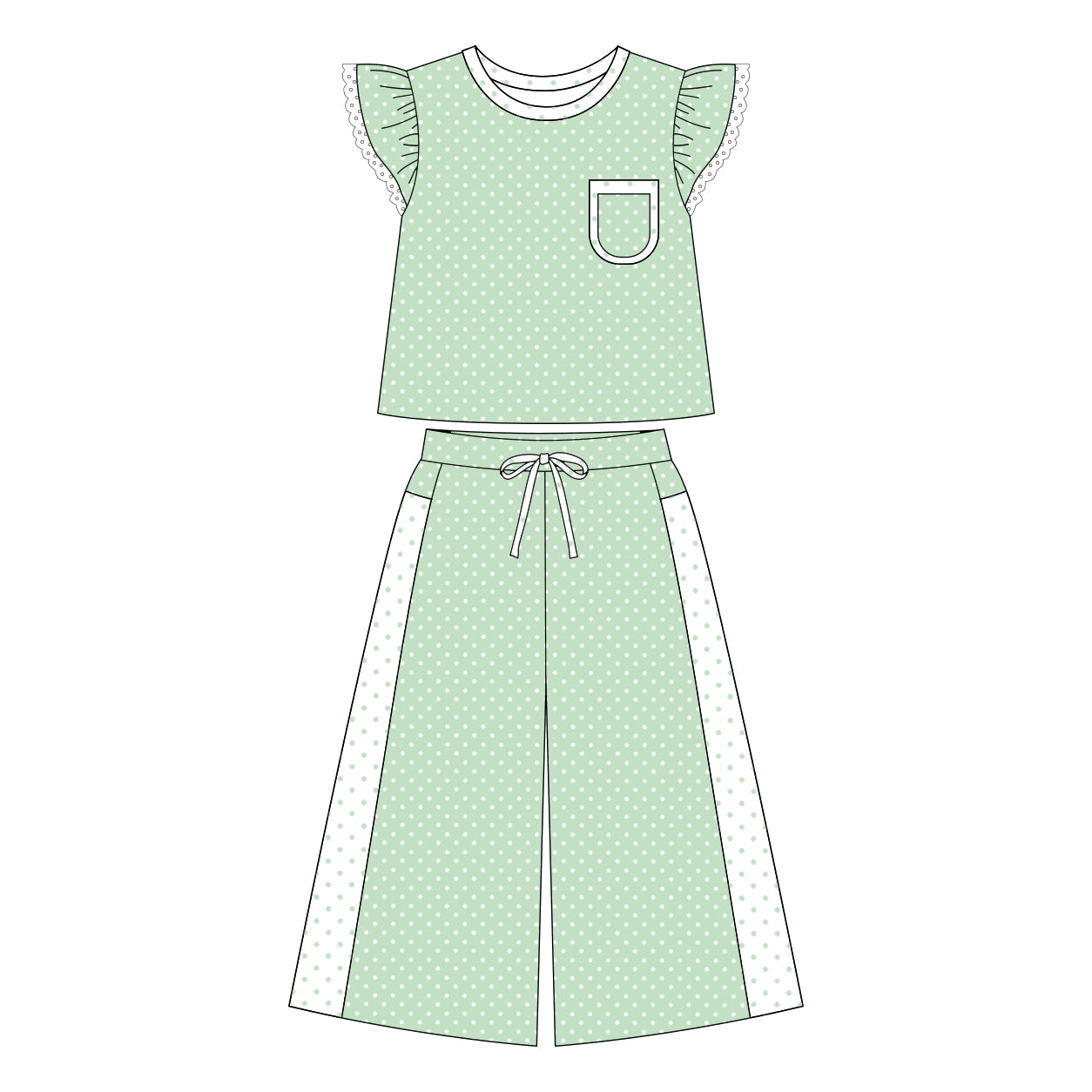 MOQ 5 PCS Preorder GSPO2332 Sibling Sweet Girls Dots Lace Ruffle Green Fly Sleeve Pants Girls Sets 202607