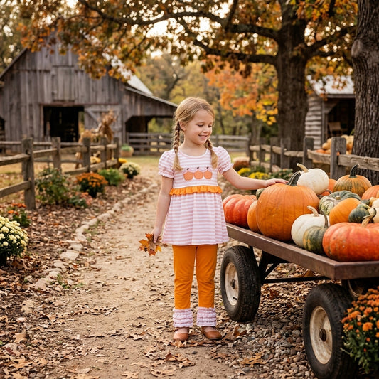 GSPO2337 Embroidery Fall Pumpkin Bows Stripe Pink Girls Set 202609 RTS