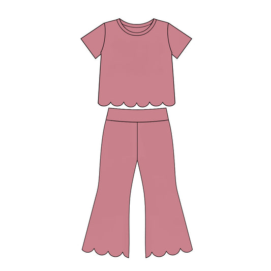 MOQ 30 PCS Preorder GSPO2338 Solid Dark Pink Scalloped Short Sleeve Pants Girls Sets 202607
