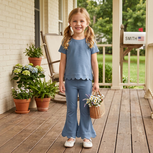 RTS GSPO2339 toddler girl clothes solid color scallop edge girl spring fall pant set