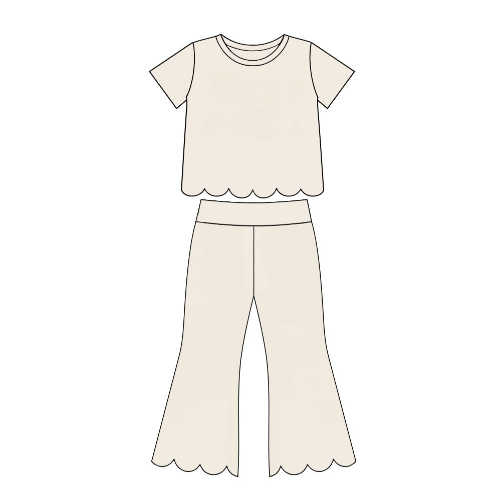 MOQ 30 PCS Preorder GSPO2340 Solid Beige Scalloped Short Sleeve Pants Girls Sets 202607