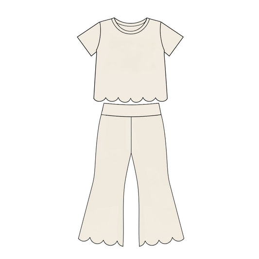 MOQ 30 PCS Preorder GSPO2340 Solid Beige Scalloped Short Sleeve Pants Girls Sets 202607