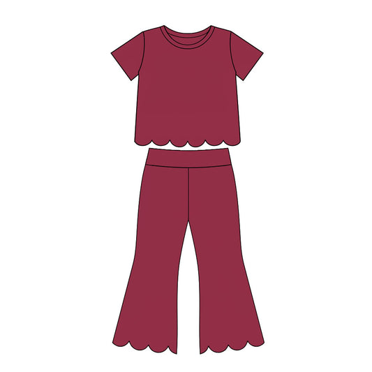 MOQ 30 PCS Preorder GSPO2340 Solid Burgundy Scalloped Short Sleeve Pants Girls Sets 202607