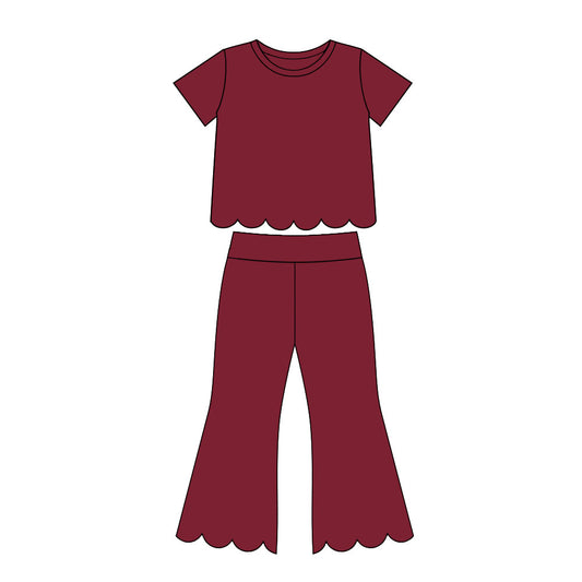 MOQ 30 PCS Preorder GSPO2344 Solid Red Scalloped Short Sleeve Pants Girls Sets 202607