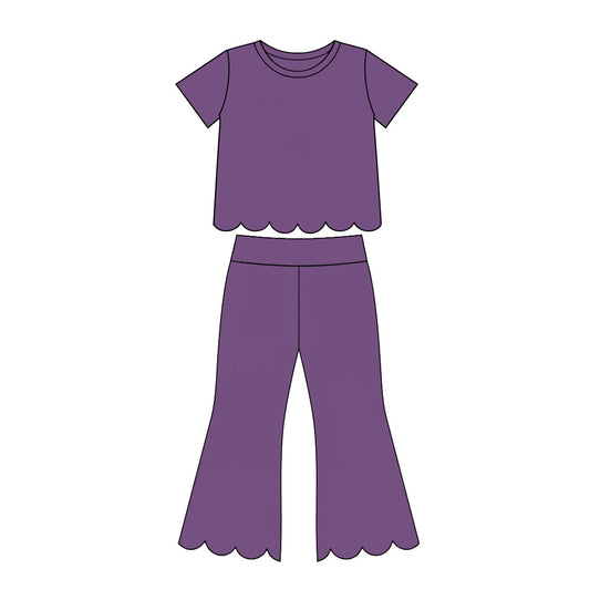 MOQ 30 PCS Preorder GSPO2346 Solid Purple Scalloped Short Sleeve Pants Girls Sets 202607