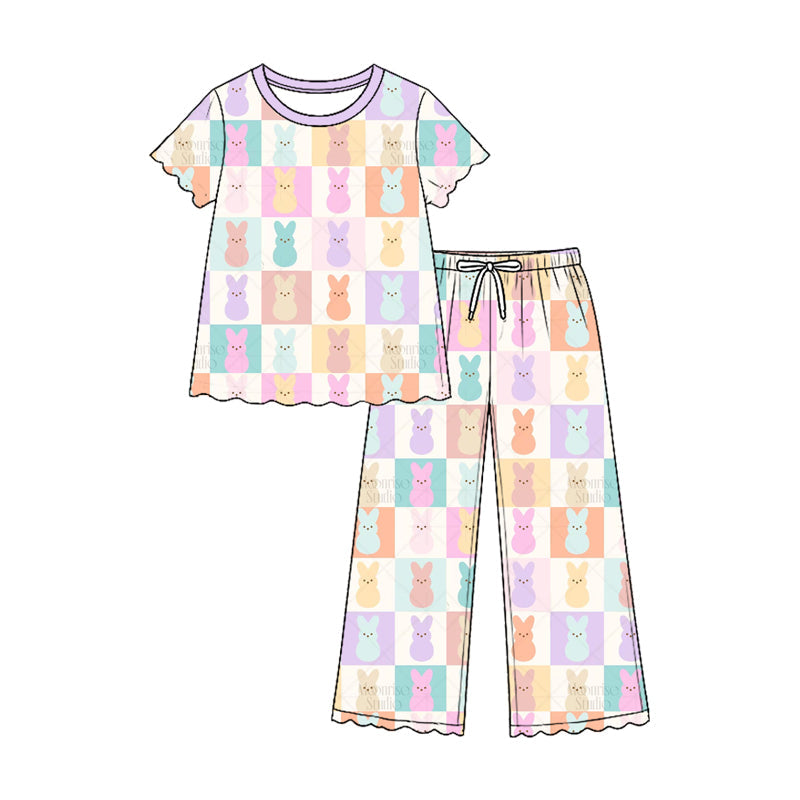 Preorder MOQ 5 pcs GSPO2375 Easter Bunny Plaid Scallop Edge Girls Set 202609